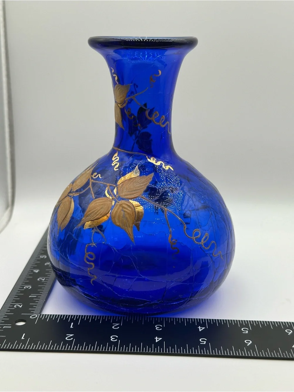 Landtree Art Cobalt Blue Glass Vase Hand Painted Gold Grapes Leaves Signed